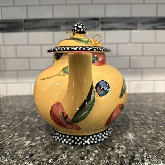 Vtg Droll Designs Ceramic Tea Pot Hand Painted Signed Veggie Tomato Pepper Olive - Picture 4 of 13